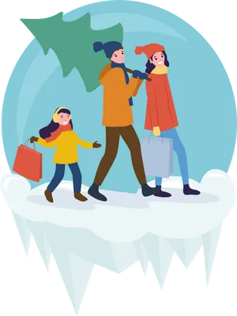 Family going home with Christmas tree  Illustration