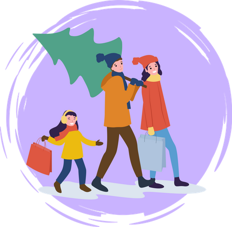 Family going home with Christmas tree  Illustration