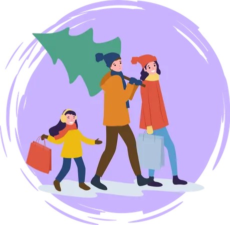 Family going home with Christmas tree  Illustration