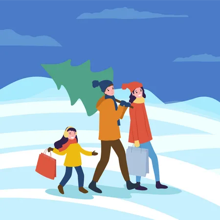 Family going home with Christmas tree  Illustration