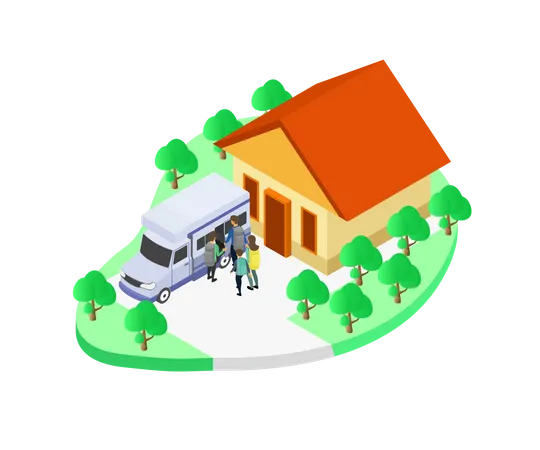 Isometric Style Illustration About A Family Going On Vacation With A Van Illustration