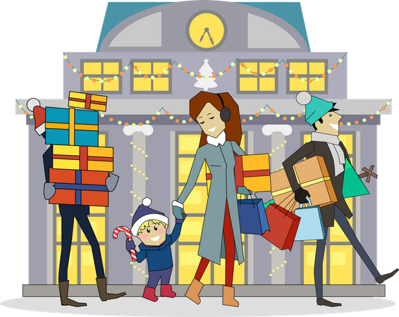 Family going to Shopping on Winter Holidays  Illustration