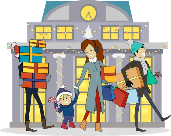 Family going to Shopping on Winter Holidays  Illustration