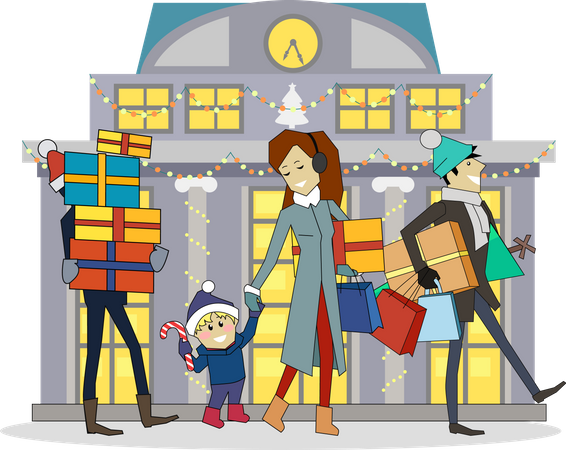 Family going to Shopping on Winter Holidays  일러스트레이션