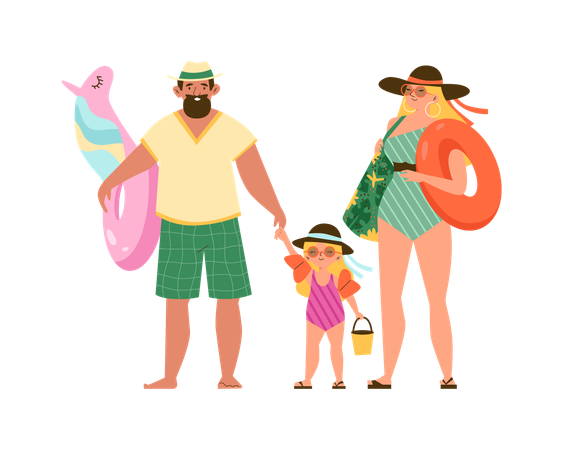 Family going to swim and relax on the beach  Illustration