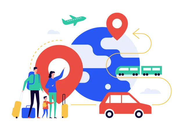 Moving To Another Country Modern Colorful Flat Design Style Illustration On White Background Scene With Family Carrying Suitcases Goes On A Journey By Bus Car And Plane Emigration Idea イラスト
