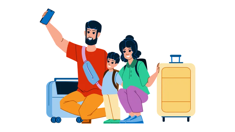 Family Airport Vector Travel Suitcase Luggage Journey Vacation Trip Happy Child Departure Flight Family Airport Character People Flat Cartoon Illustration Illustration