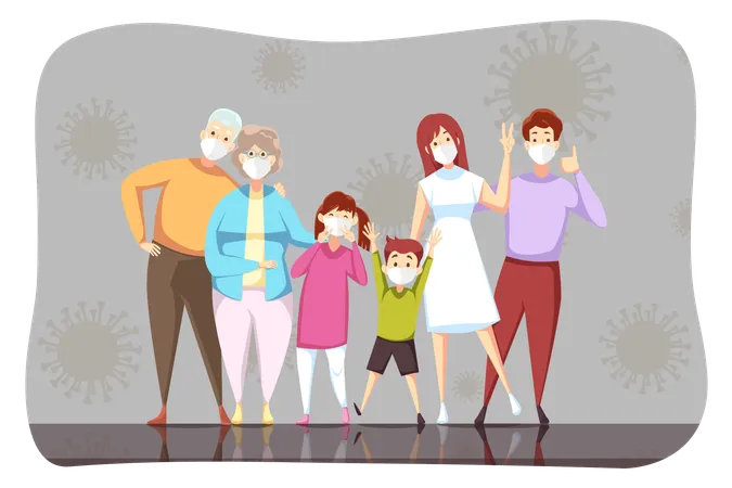Coronavirus 2019 Ncov Healthcare Infection Protection Concept Family Grandad Grandmom Father Mother Children Son Daughter Stand With Medical Face Masks Together Health Care And Prevention Covid 19 Illustration