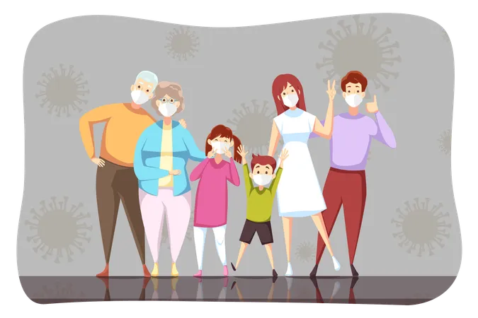 Family grandad grandmom father mother children son daughter stand with medical face masks together  Illustration