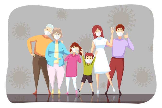 Family grandad grandmom father mother children son daughter stand with medical face masks together  Illustration