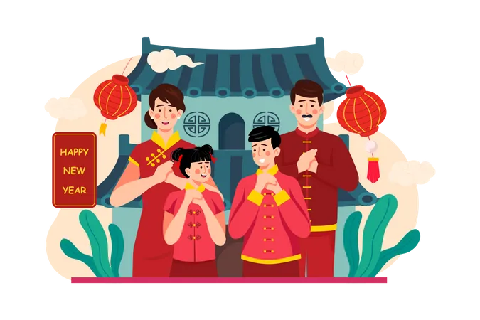 Family greeting Chinese new year Illustration