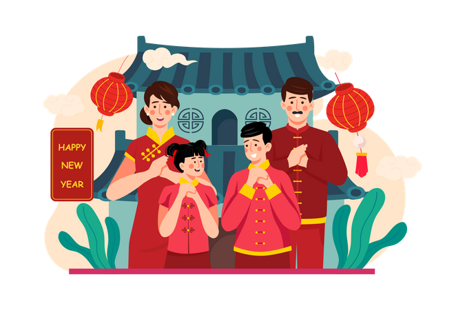 Family greeting Chinese new year  Illustration