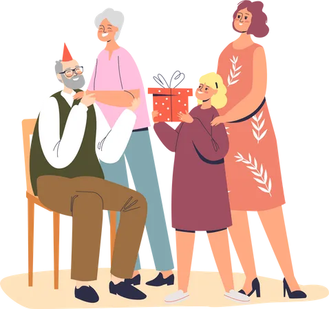 Family greeting happy birthday to grandfather  Illustration