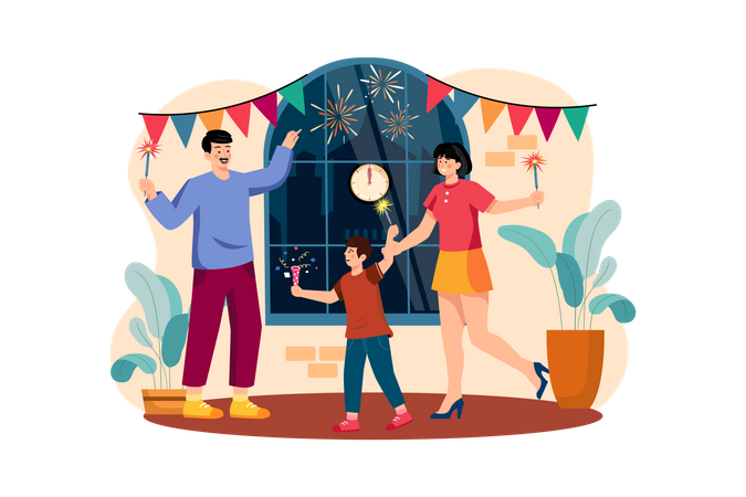 Family Greeting New Year's Eve With Flares Illustration