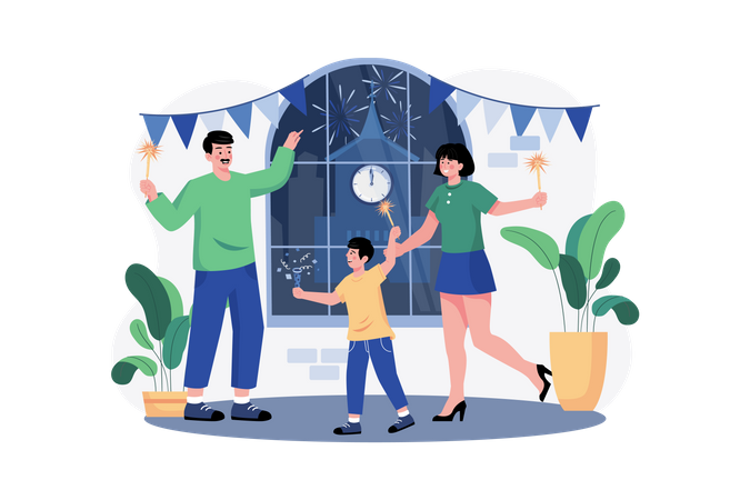 Family Greeting New Year's Eve With Flares Illustration