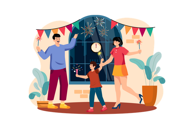 Family Greeting New Year's Eve With Flares  Illustration