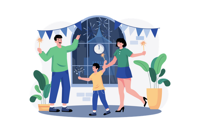 Family Greeting New Year's Eve With Flares  Illustration