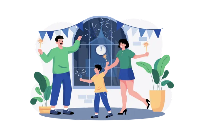 Family Greeting New Year's Eve With Flares  Illustration