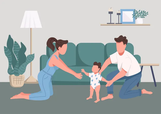 Family Happy Moments Flat Color Vector Illustration Childcare And Parenthood Baby First Steps Young Mother Father And Child 2 D Cartoon Characters With Living Room Interior On Background Illustration