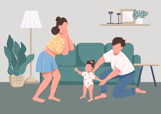 Family Happy Moments Flat Color Vector Illustration Childcare And Parenthood Baby Learning To Walk Young Mother Father And Child 2 D Cartoon Characters With Living Room Interior On Background Illustration
