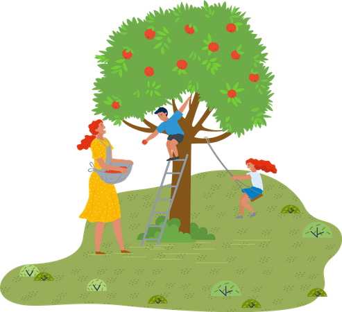 Family have fun in fresh air in the garden near apple tree  Illustration