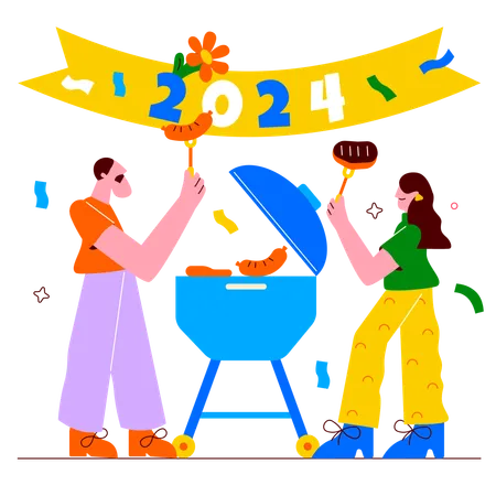 Family having barbeque dinner at new year party  Illustration