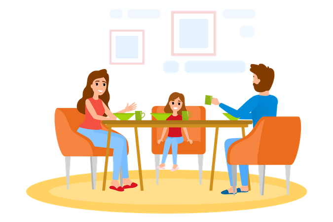 Family having breakfast at table  Illustration