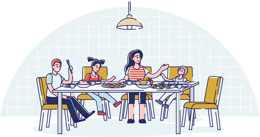 Family having breakfast or dinner together  Illustration