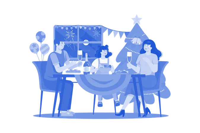 Family Having Christmas Dinner Together Illustration