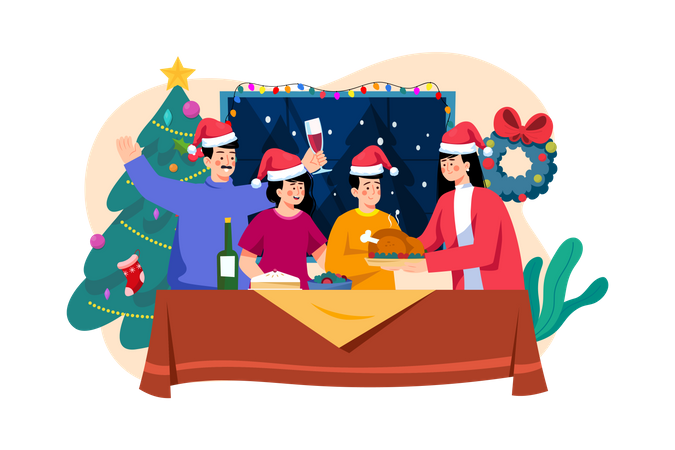 Family having Christmas dinner together Illustration