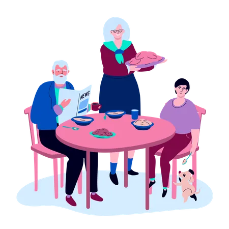 Family Having Dinner Colorful Flat Design Style Illustration A Composition With A Teenager Visiting His Grandparents Grandson And Grandfather Sitting At The Table Grandmother Serving The Dish Illustration