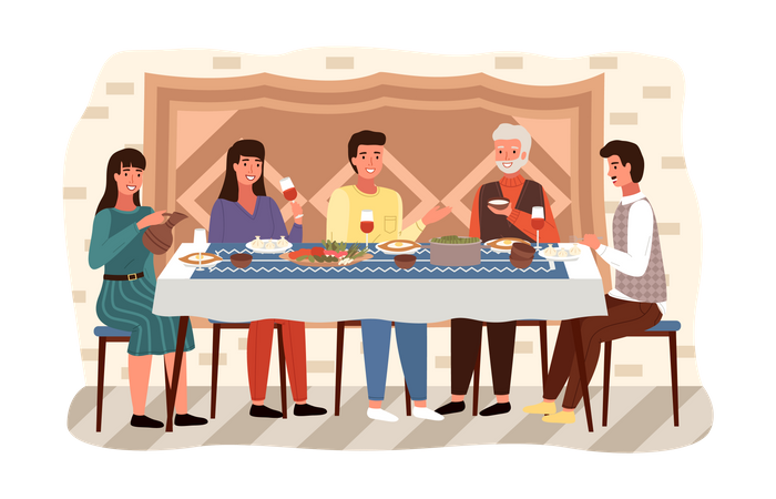 Family having dinner together in dining Illustration