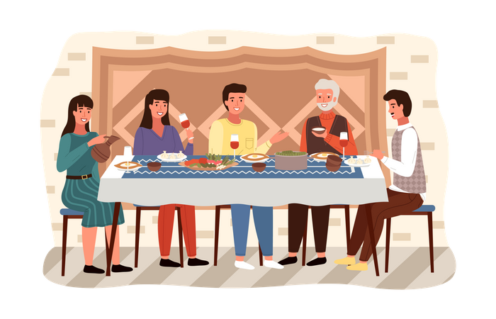 Family having dinner together in dining  Illustration