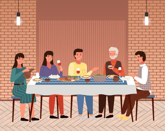 Family having dinner together in Georgian restaurant  Illustration