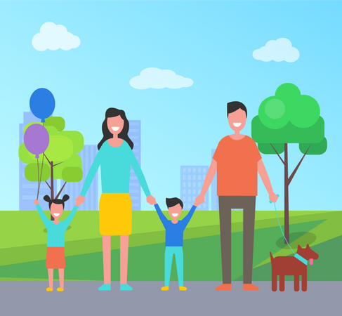 Family Having Fun in City Park  Illustration