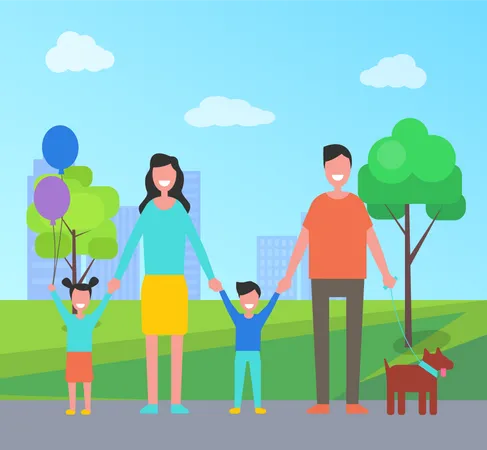Family Father And Mother Having Fun In City Park With Trees Daughter Small Girl Holding Balloons And Smiling Skyscrapers Of Town In Distance Vector Illustration