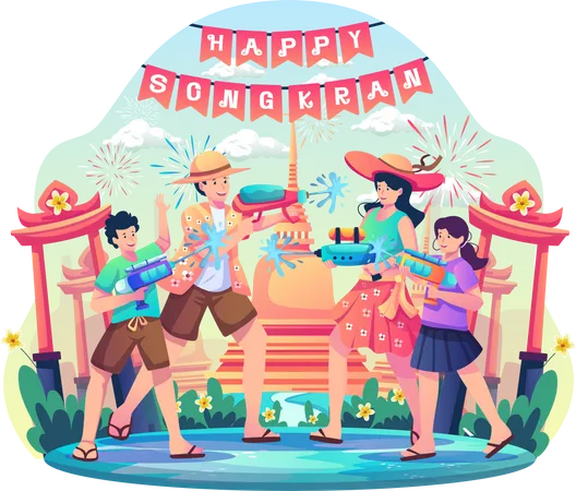 Family having fun playing water gun to celebrate Thailand Traditional New Year's Day  Illustration