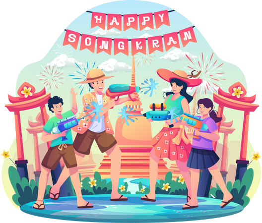 Family having fun playing water gun to celebrate Thailand Traditional New Year's Day  일러스트레이션