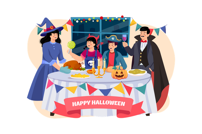 Family Having Halloween Dinner Together Illustration