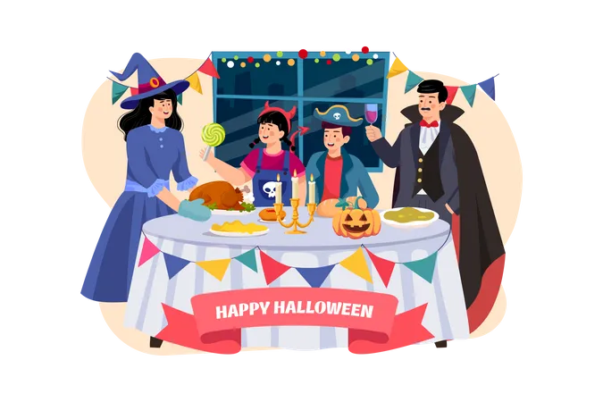 Family Having Halloween Dinner Together Illustration
