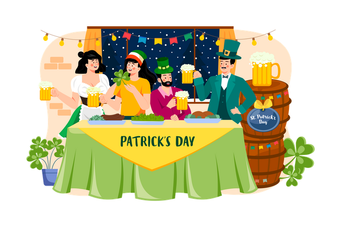Family having Irish whiskey during St. Patrick's Day feast  イラスト