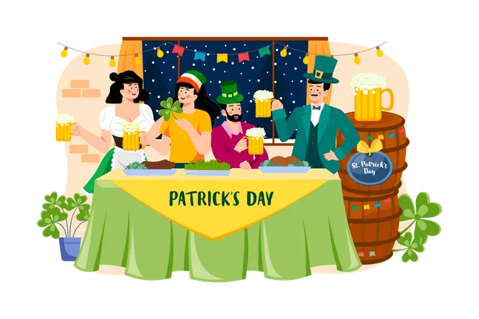 Family having Irish whiskey during St. Patrick's Day feast  Illustration