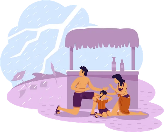Family hiding from thunderbolt Illustration