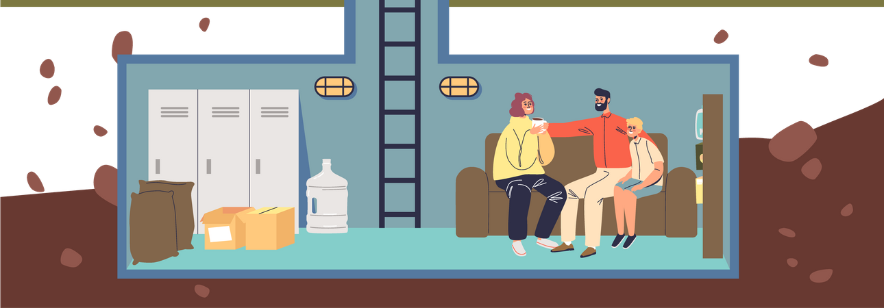 Family hiding in protective underground bunker room Illustration
