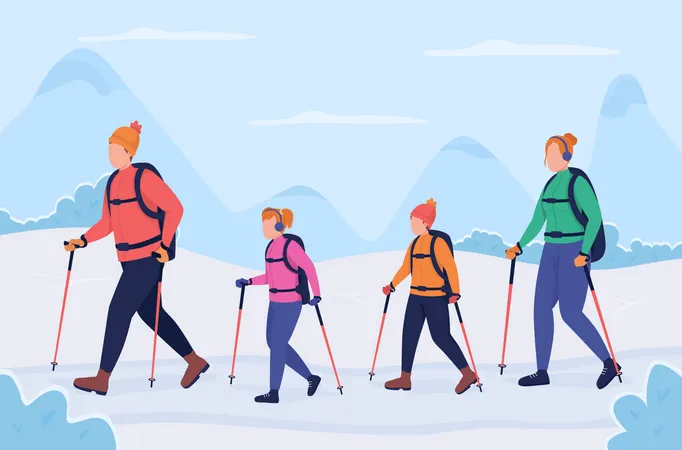 Family Hiking In Winter Flat Color Vector Illustration Active Outdoor Recreation Parents With Children On Nordic Walk In Mountains 2 D Cartoon Characters With Wintertime Hills On Background Illustration