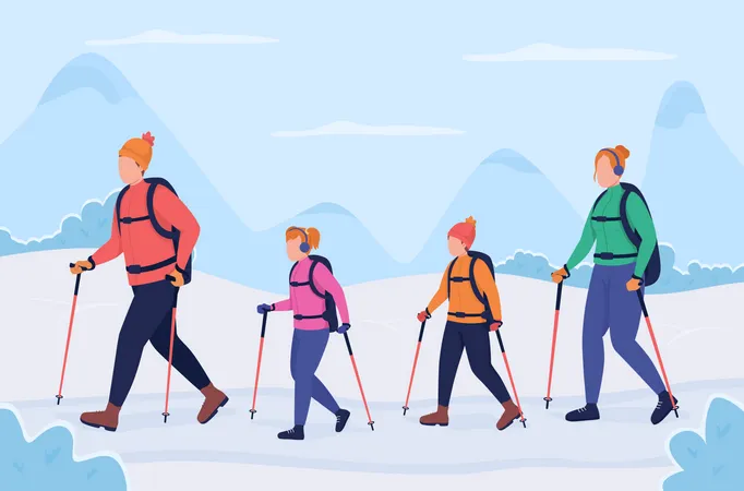 Family hiking in winter  Illustration