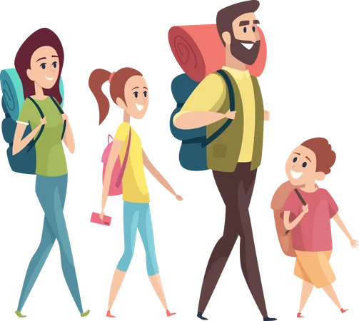 Family Hiking Couples With Kids Exploring Travellers Tourists Happy Adventure In Mountains Camping Vector Characters Adventure Tourism Family Outdoor Picnic And Activity Trekking Illustration Illustration