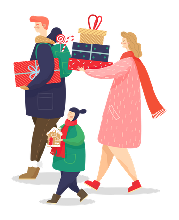 Family holding christmas gifts  Illustration