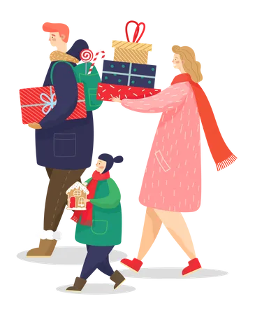 Family holding christmas gifts  Illustration