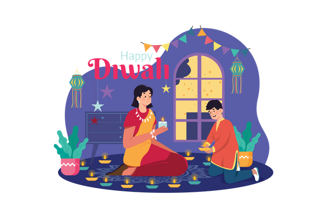 Family holding Diya during Diwali  Illustration